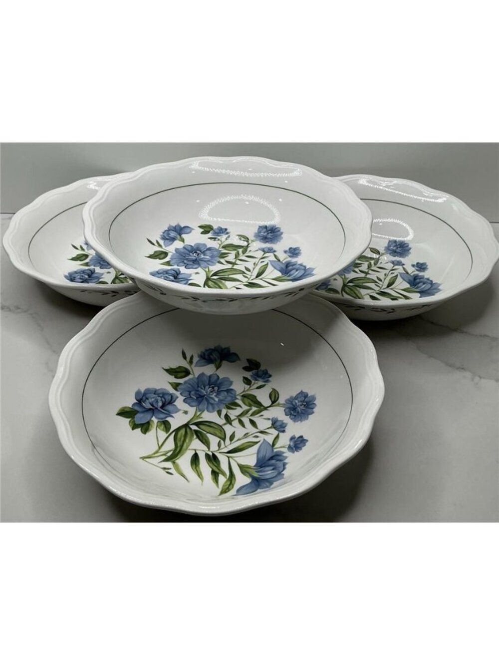 4 Envogue Elderose Medium Soup Bowls Blue Floral Scalloped Rim Porcelain 7.5”